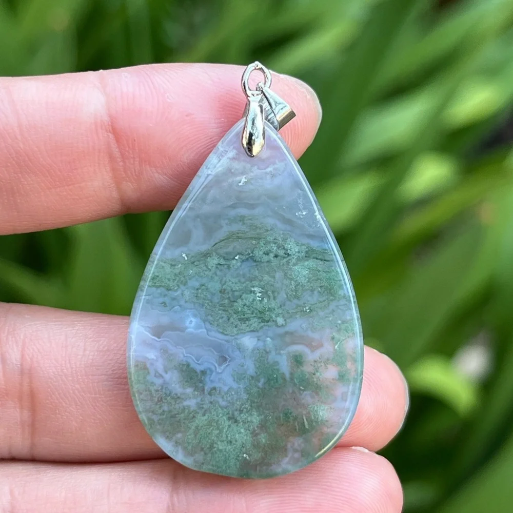 Sterling silver 925 stamped teardrop moss agate pendant‎